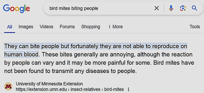 UMN.EDU inaccurate information on bird mites